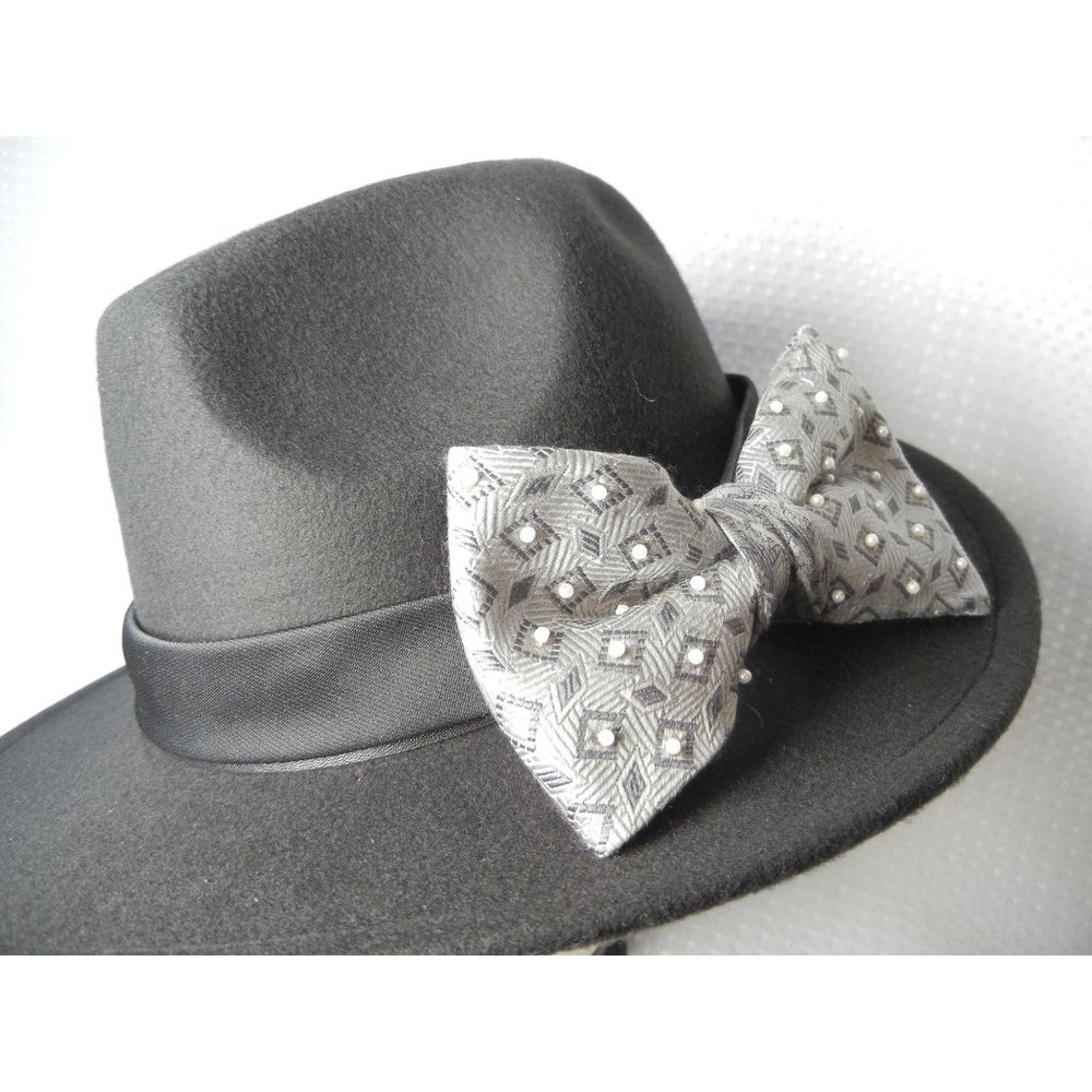Boho Fedora woman's fancy big bow hat, Black fedora with grey and black beaded h